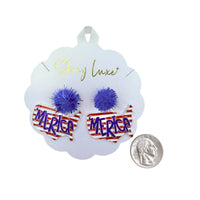 USA Patriotic 'Merica Pom Pom Dangle Earrings (1.25x1.5in)