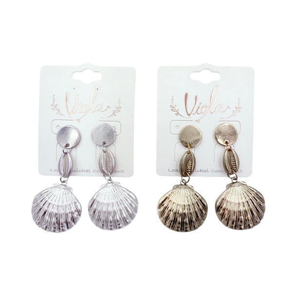Cowrie Shell & Clamshell Dangle Earrings in Silver or Gold (1x2in)