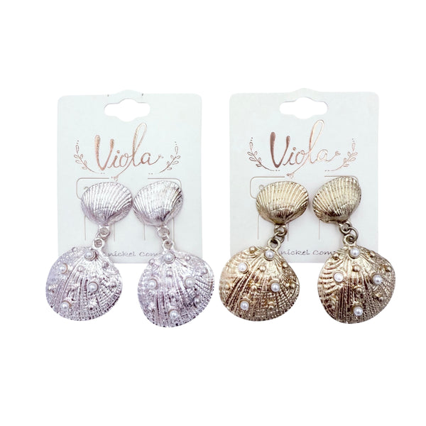 Clamshell & Multi-Pearl Dangle Earrings in Silver or Gold (1x1.5in)