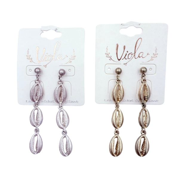 Cowrie Shell Dangle Earrings in Silver or Gold (0.4x2.25in)