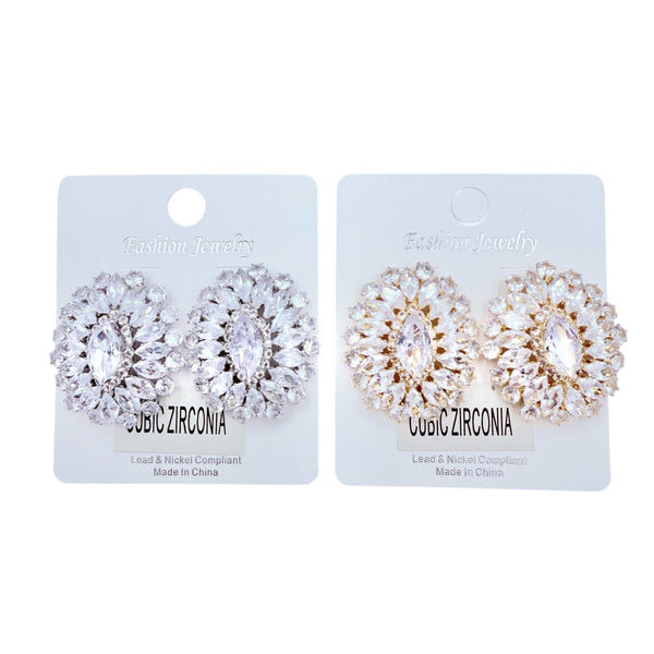 Rhinestone & Cubic Zirconia Flower Shaped Stud Earrings in Silver or Gold (1x1.25in)