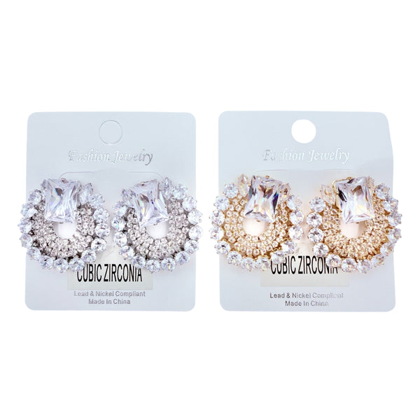 Rhinestone & Cubic Zirconia Wreath Shaped Earrings in Silver or Gold (1.25x1.25in)