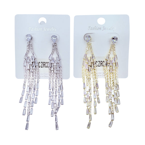 10mm Cubic Zirconia Stud Chandelier Earrings in Silver or Gold (0.75x3.5in)