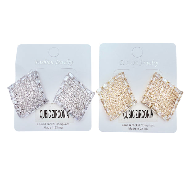 Crystal & Cubic Circle Diamond Shaped Stud Earrings in Silver or Gold (1.25x1.5in)