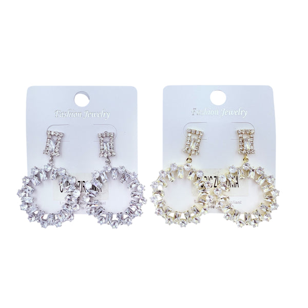 Rhinestone & Cubic Zirconia Circle Dangling Earrings in Silver or Gold (1.5x2in)