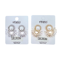Pearl, Rhinestone & Cubic Zirconia Fan Shaped Earrings in Silver or Gold (1x1.25in)