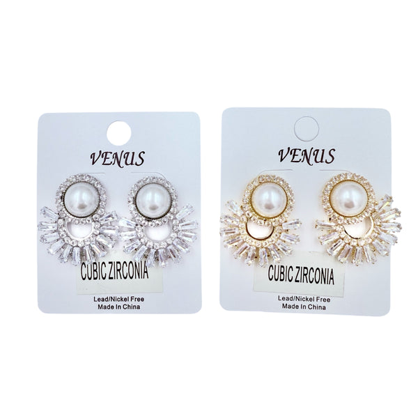 Pearl, Rhinestone & Cubic Zirconia Fan Shaped Earrings in Silver or Gold (1x1.25in)