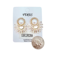 Pearl, Rhinestone & Cubic Zirconia Fan Shaped Earrings in Silver or Gold (1x1.25in)