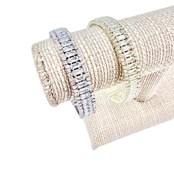Emerald Cut Cubic Zirconia & Rhinestones Memory Wire Bracelet