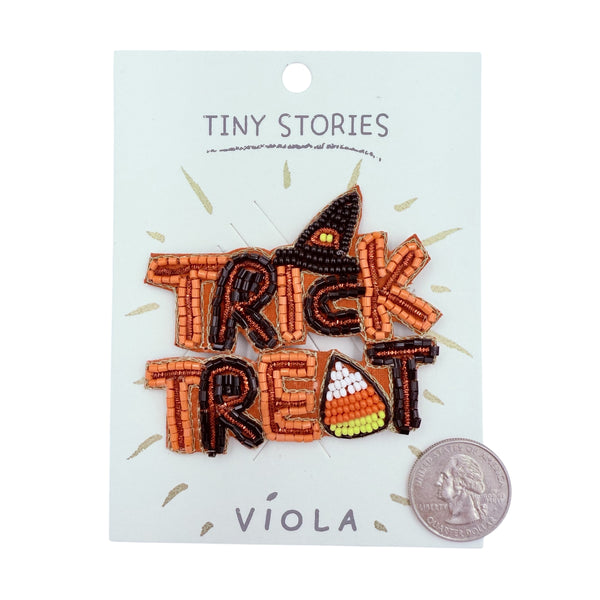 Trick or Treat Dual Word Halloween Themed Beaded Pin Brooch