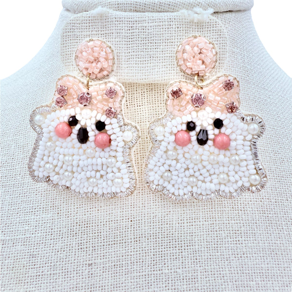 Baby Ghost Wearing Pink Bow Beaded Earrings (1.5x2in)