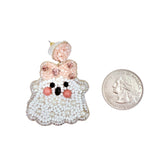 Baby Ghost Wearing Pink Bow Beaded Earrings (1.5x2in)