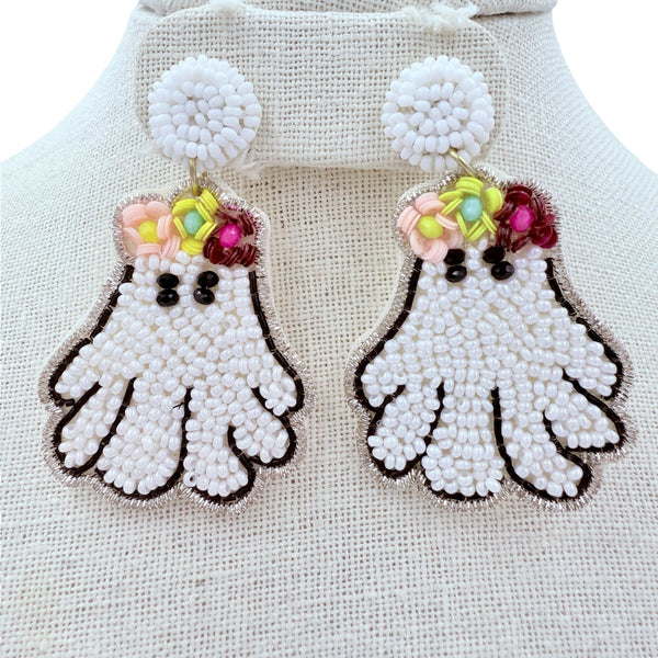 Ghost Wearing Flower Headband Beaded Earrings (1.5x2.5in)