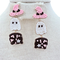Ghost Wearing Black & Pink Witch Costume Beaded Earrings (0.6x2.5in)