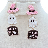 Ghost Wearing Black & Pink Witch Costume Beaded Earrings (0.6x2.5in)