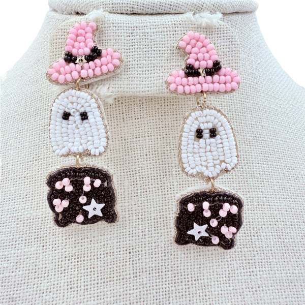 Ghost Wearing Black & Pink Witch Costume Beaded Earrings (0.6x2.5in)