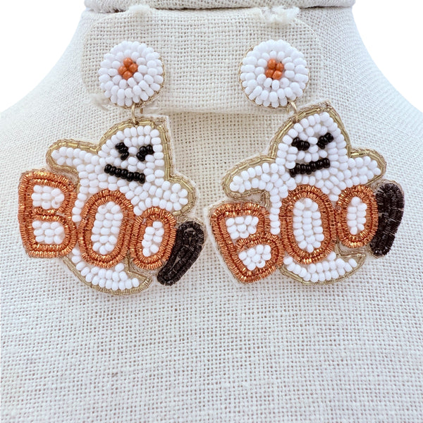 Ghost Boo Beaded Halloween Themed Earrings (1.5x2in)