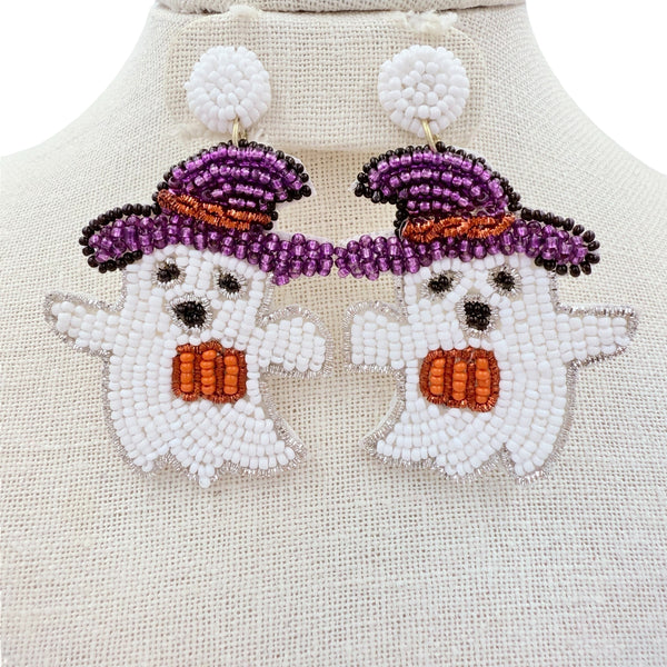 Ghost Wearing Witch Hat Beaded Earrings (2x2.75in)