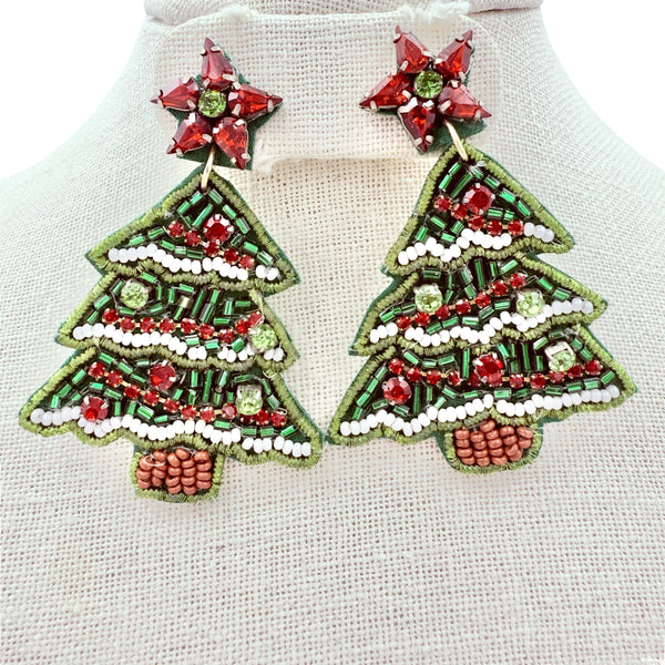 Christmas Tree Star Topper Beaded Earrings (1.75x2.6in)