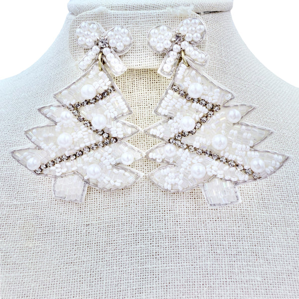White Christmas Tree Beaded Earrings (2x2.75in)