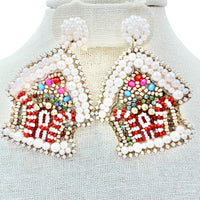 Christmas Themed Gingerbread House Beaded Earrings (2x2.5in)