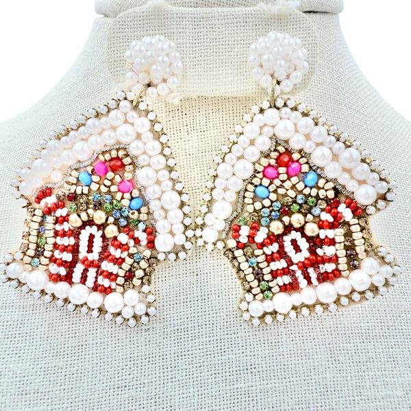 Christmas Themed Gingerbread House Beaded Earrings (2x2.5in)