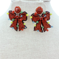 Red Bow Christmas Themed Beaded Earrings (1x1.5in)