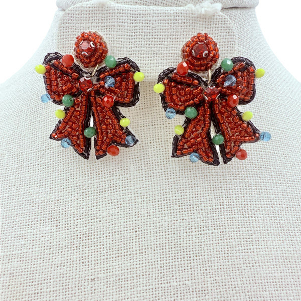 Red Bow Christmas Themed Beaded Earrings (1x1.5in)