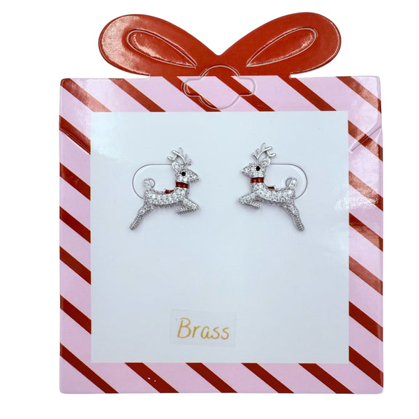 Silver Plated Brass Reindeer Christmas Earrings (0.6x0.6in)