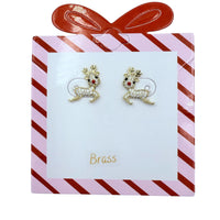 Gold Plated Brass Red Nose Reindeer Christmas Earrings (0.5x0.6in)