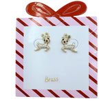 Gold Plated Brass Red Nose Reindeer Christmas Earrings (0.5x0.6in)