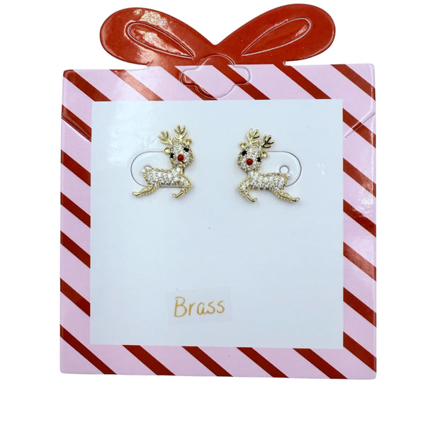 Gold Plated Brass Red Nose Reindeer Christmas Earrings (0.5x0.6in)