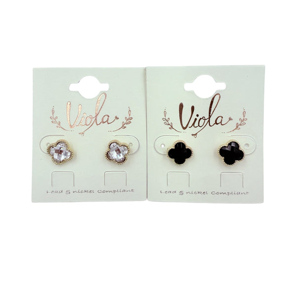 Clover Quatrefoil Stud Earrings in Clear or Black (0.4x0.4in)