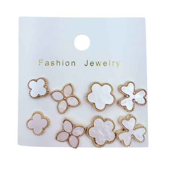 4 Pair Clover Flower White Stud Earrings