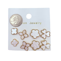 4 Pair Clover Flower White Stud Earrings