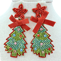 Christmas Tree Red Bow & Star Beaded Earrings (1.75x3in)
