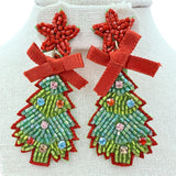 Christmas Tree Red Bow & Star Beaded Earrings (1.75x3in)