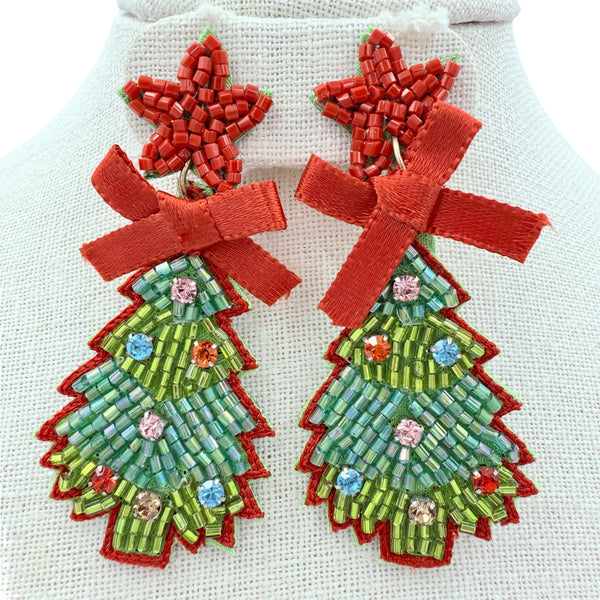 Christmas Tree Red Bow & Star Beaded Earrings (1.75x3in)