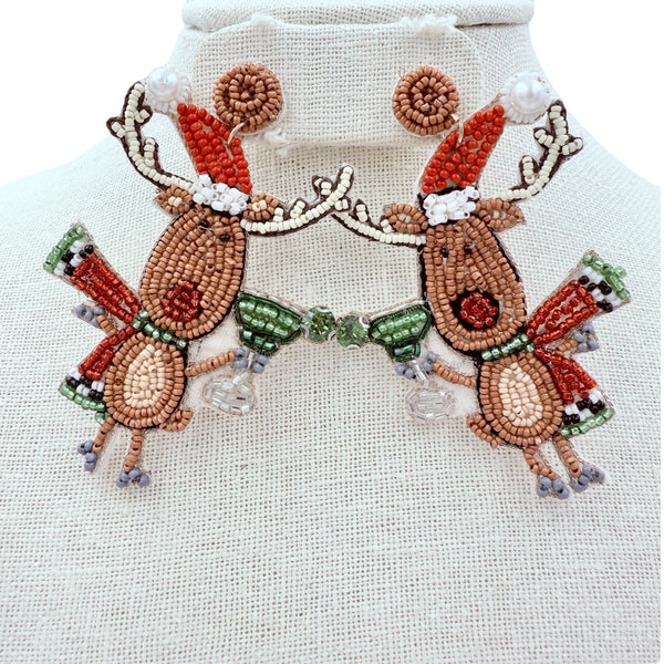 Reindeer Drinking a Margarita Christmas Themed Beaded Earrings (2x3in)