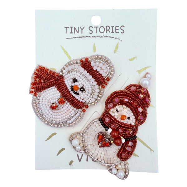 Pair of Snowman Christmas Themed Beaded 2 Brooch Pin Set