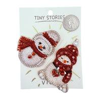 Pair of Snowman Christmas Themed Beaded 2 Brooch Pin Set