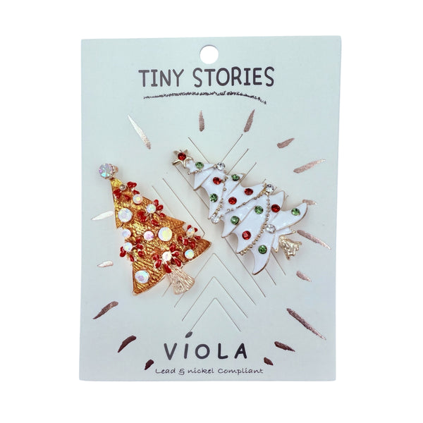 Pair of Christmas Trees Enamel Rhinestone 2 Brooch Pin Set