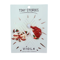 Candy Canes and Santa Hat Enamel Rhinestone 2 Brooch Pin Set