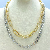 Mixed Metal Cuban & Link Chain 2 Layered Chunky Necklace (18/18+3in)