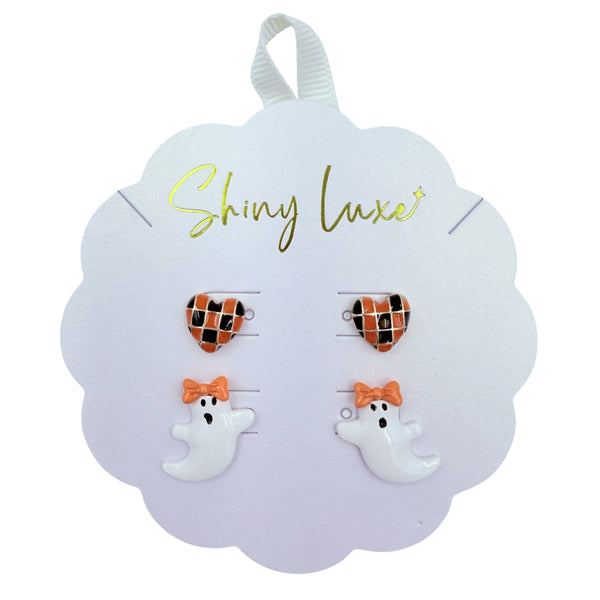Heart & Ghost Wearing Bow Halloween Themed Stud Earrings