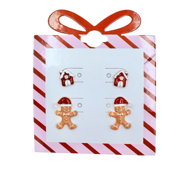 Gingerbread Man & House Christmas Themed Post Stud Earrings
