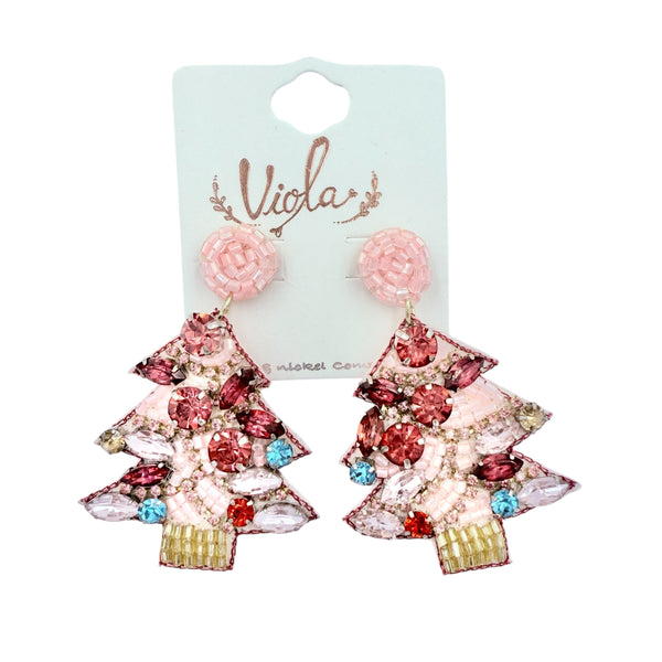 Pink Christmas Tree Beaded Earrings (2x2.5in)