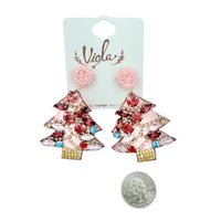 Pink Christmas Tree Beaded Earrings (2x2.5in)