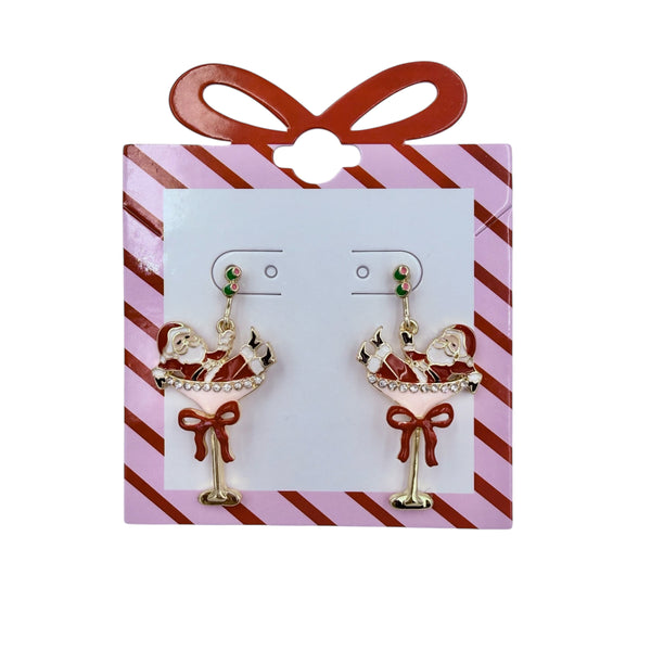 Santa in Wine Glass Christmas Themed Post Dangle Earrings