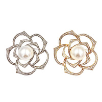 Large Crystal Pearl Rose Pin Brooch in Silver or Gold (P1417)